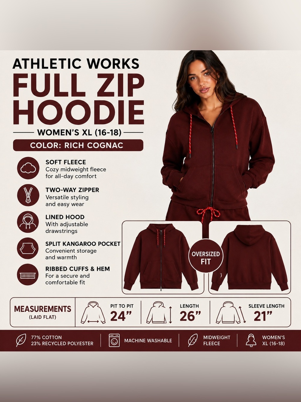 Women’s XL Oversized Full Zip Fleece Hoodie Two Way Zip Rich Cognac 16-18 - Picture 2 of 14